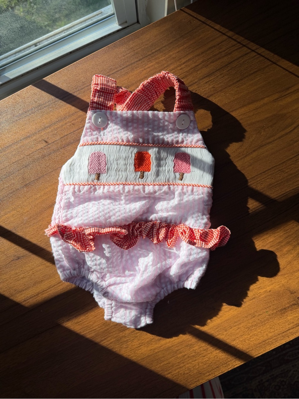 Pink Baby Seersucker Romper with Popsicle Appliqués
